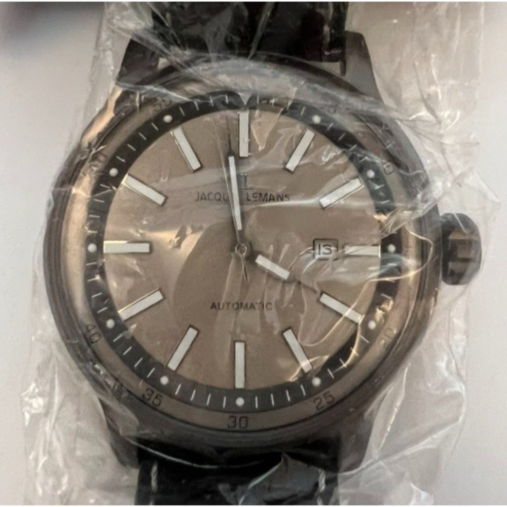 #W042 Jacques Lemans Porto Automatic 1-1723 Mens 48mm Gray Dial Black IP